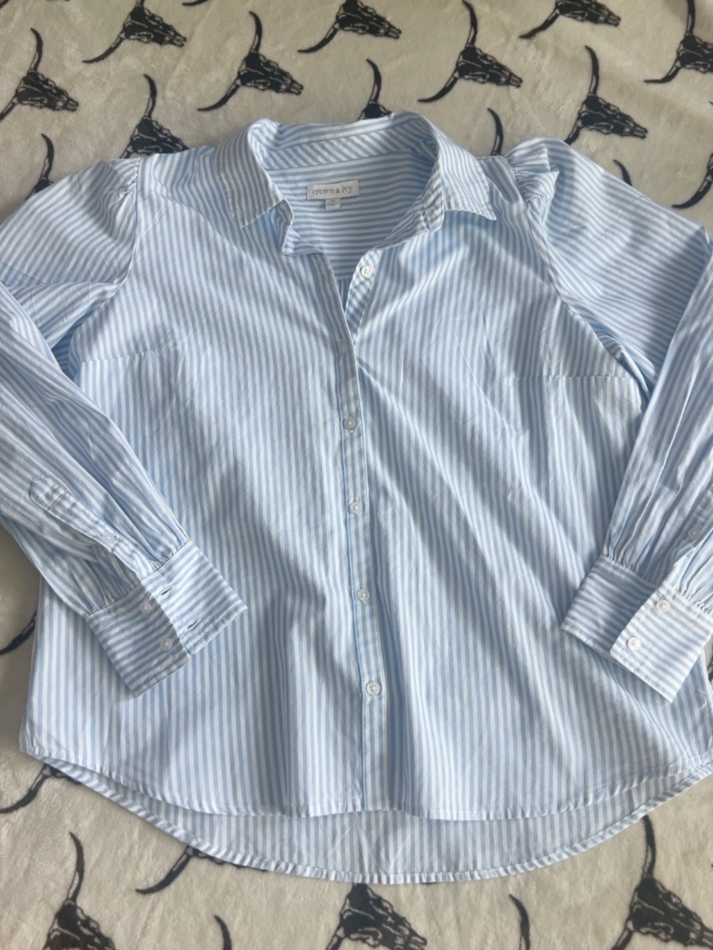 Crown & Ivy Blue White Striped Puff Sleeve Button Down Shirt Medium